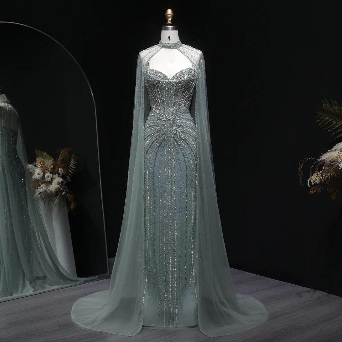 Velvet Mermaid Gown - Beaded Couture Evening Dress