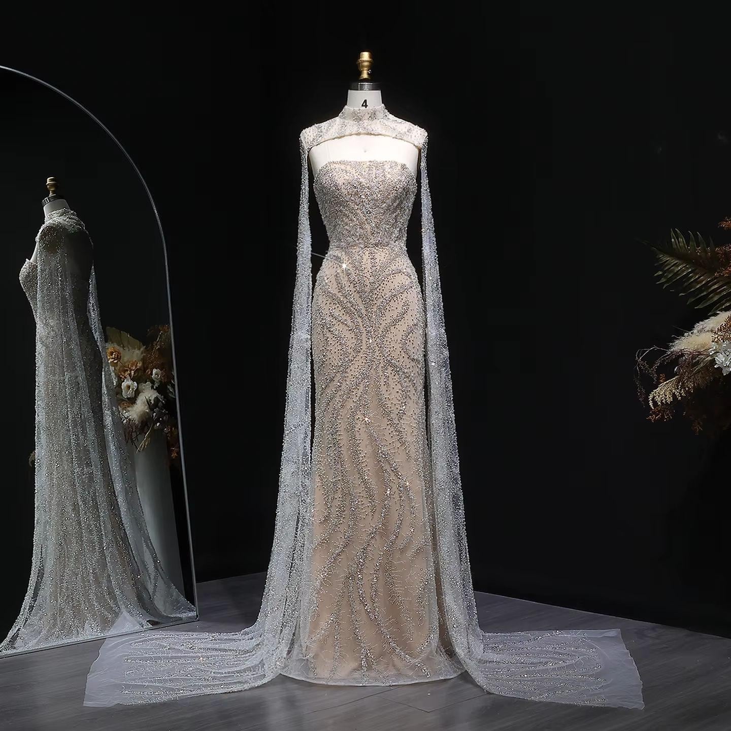 Seraphine Veil Evening Dress – Strapless Beaded Gown