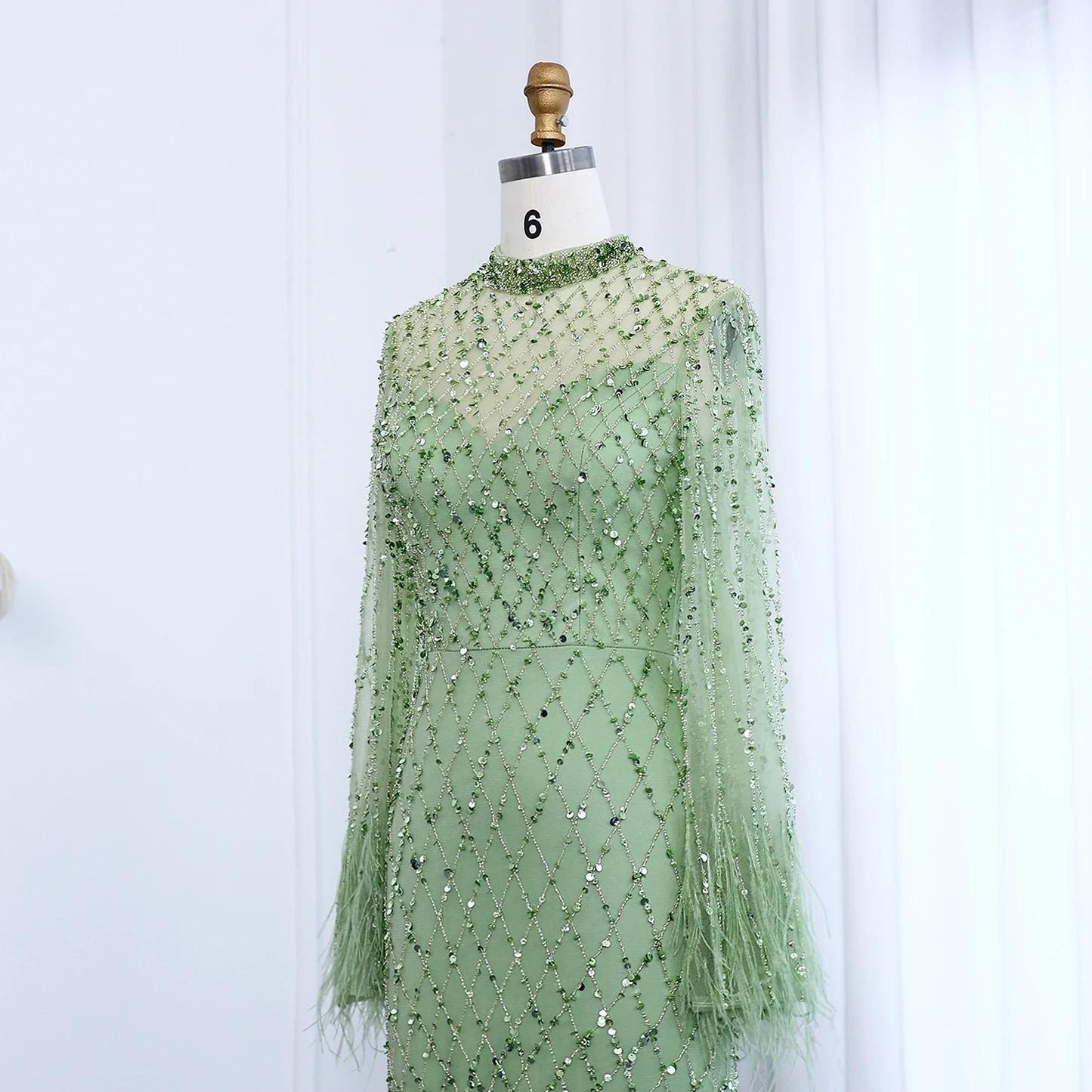 Elysara Feathered Mermaid Gown - Beaded Couture Evening Dress