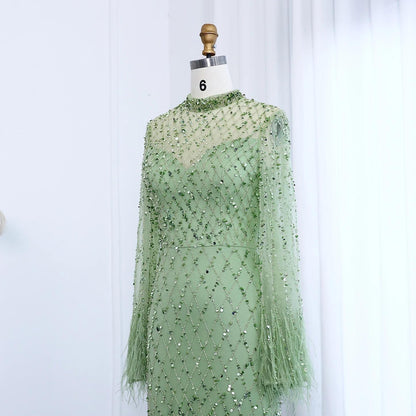 Elysara Feathered Mermaid Gown - Beaded Couture Evening Dress