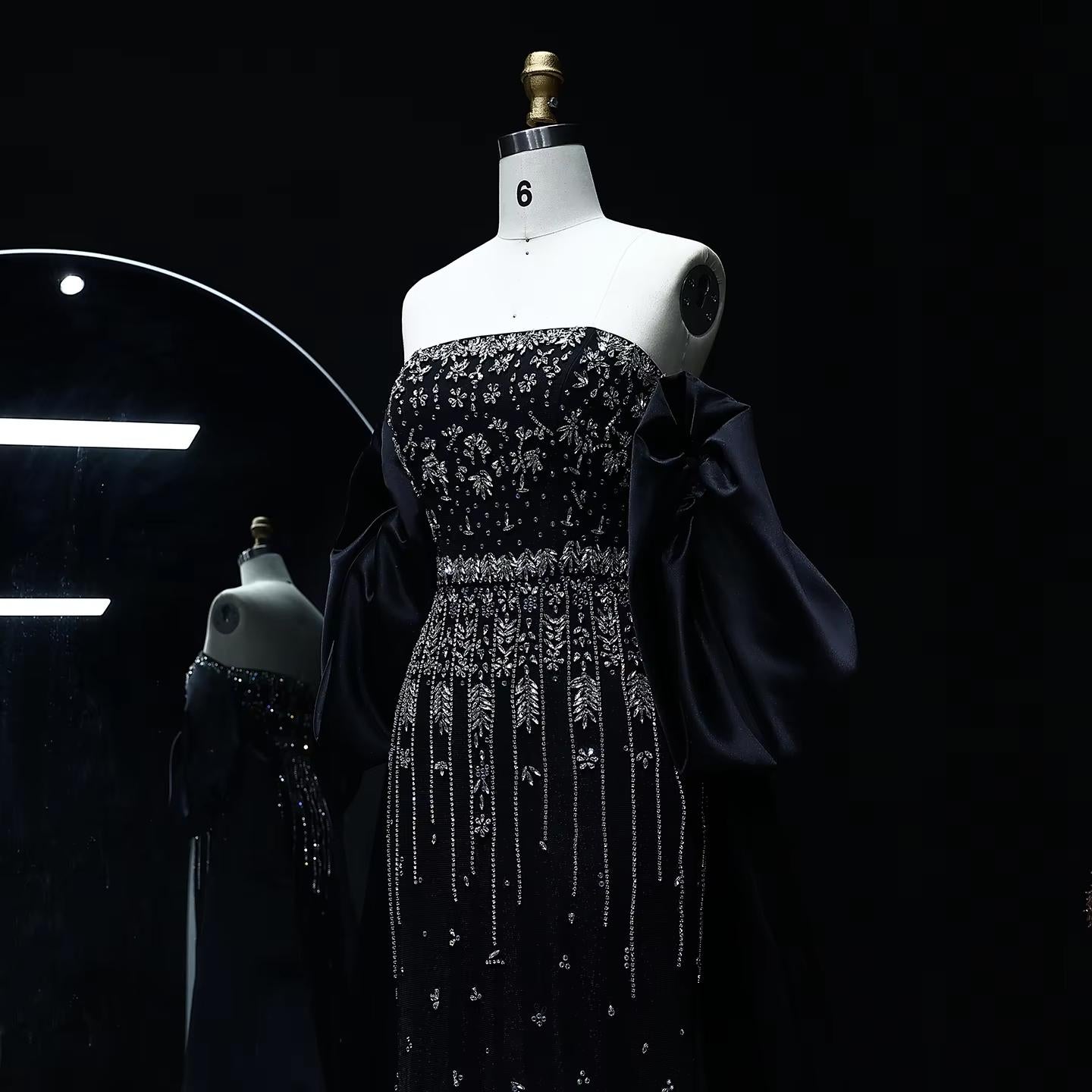 Noir Cascade Crystal Evening Gown – Luxury Black Strapless Dress