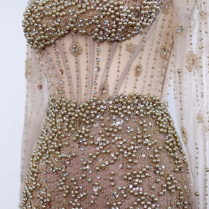Alba Charm Evening Gown – Sheer Sleeves & Flowing Tail Party Dress