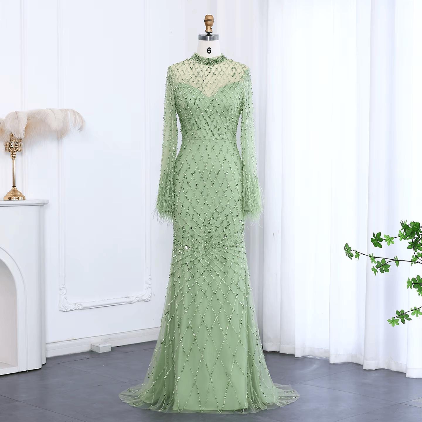 Elysara Feathered Mermaid Gown - Beaded Couture Evening Dress
