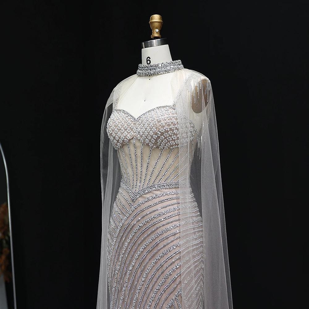 Glamorous Crystal Sheer Cape Dress - Mermaid Evening Gown