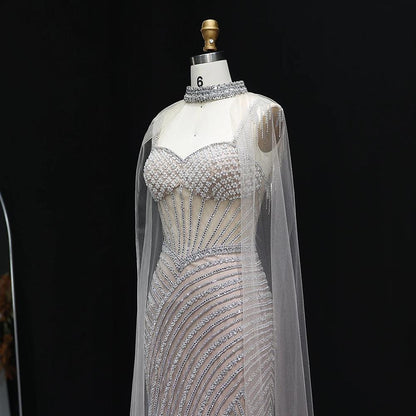 Glamorous Crystal Sheer Cape Dress - Mermaid Evening Gown