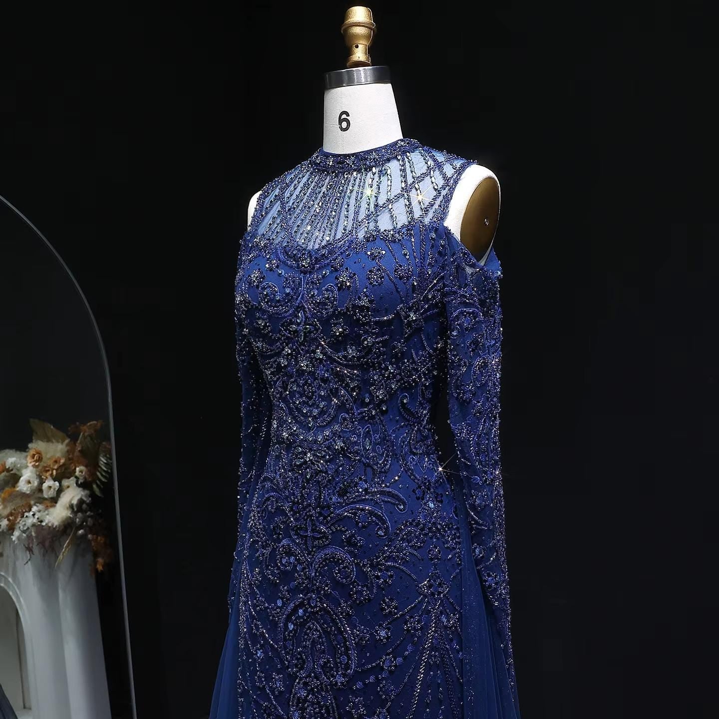 Celestine Azure Evening Gown – Hand-Beaded Long Sleeve Blue Gown