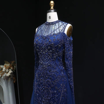 Celestine Azure Evening Gown – Hand-Beaded Long Sleeve Blue Gown