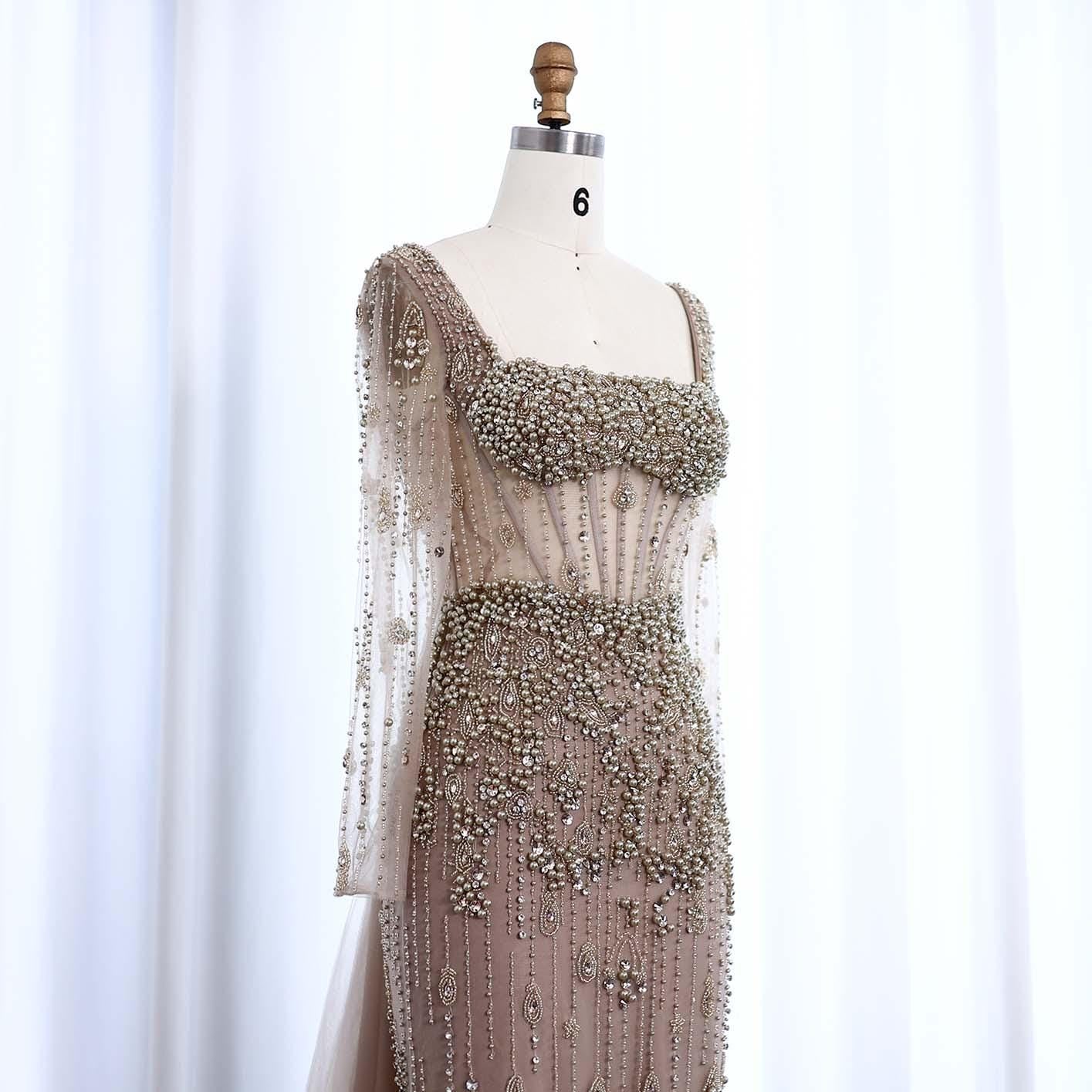Alba Charm Evening Gown – Sheer Sleeves & Flowing Tail Party Dress