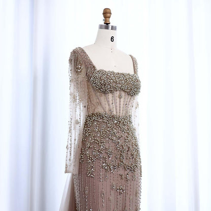 Alba Charm Evening Gown – Sheer Sleeves & Flowing Tail Party Dress