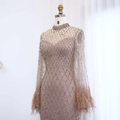 Elysara Feathered Mermaid Gown - Beaded Couture Evening Dress