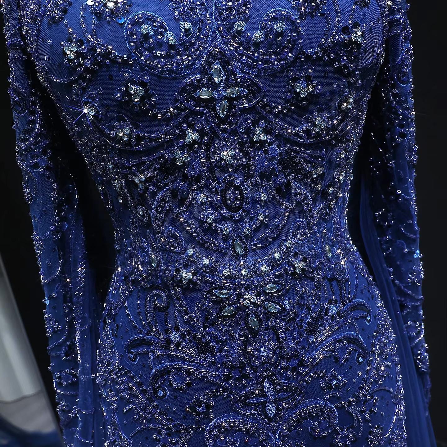 Celestine Azure Evening Gown – Hand-Beaded Long Sleeve Blue Gown
