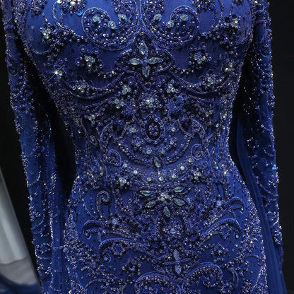 Celestine Azure Evening Gown – Hand-Beaded Long Sleeve Blue Gown