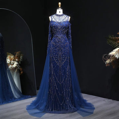 Celestine Azure Evening Gown – Hand-Beaded Long Sleeve Blue Gown