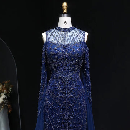 Celestine Azure Evening Gown – Hand-Beaded Long Sleeve Blue Gown