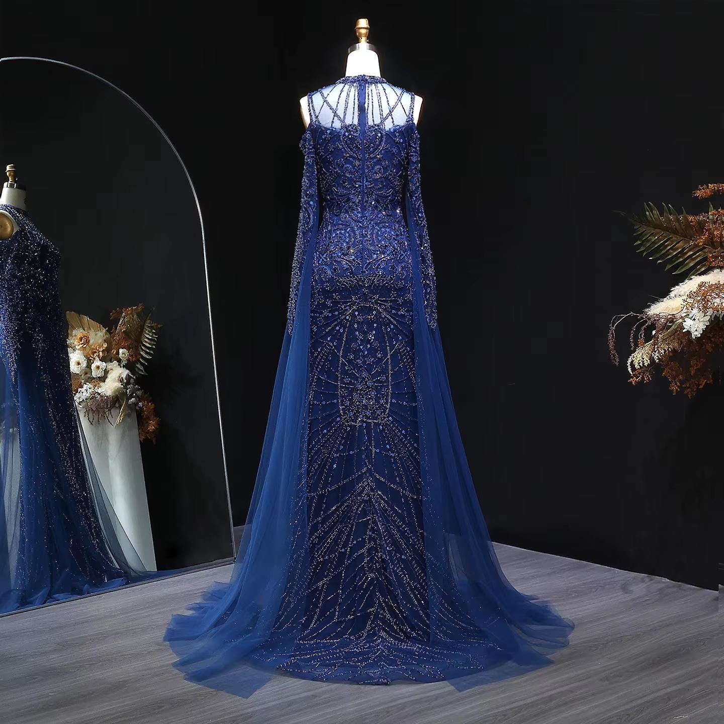 Celestine Azure Evening Gown – Hand-Beaded Long Sleeve Blue Gown