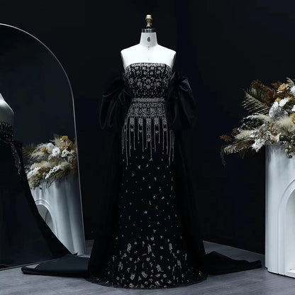Noir Cascade Crystal Evening Gown – Luxury Black Strapless Dress
