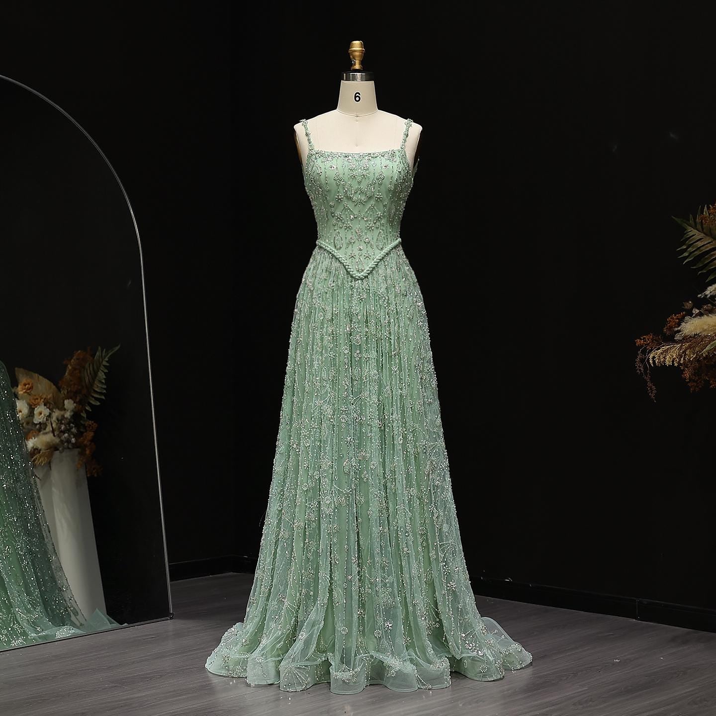 Celeste Bloom Arabic Evening Dress – Beaded A-Line Gown for Special Events
