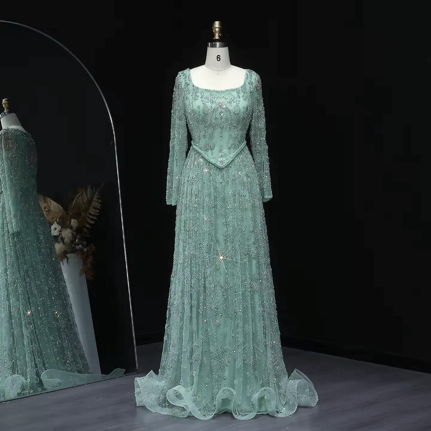 Celeste Bloom Arabic Evening Dress – Beaded A-Line Gown for Special Events