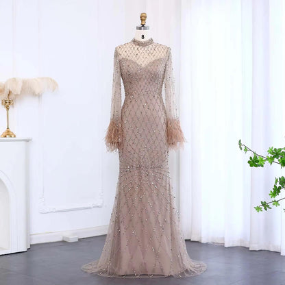 Elysara Feathered Mermaid Gown - Beaded Couture Evening Dress