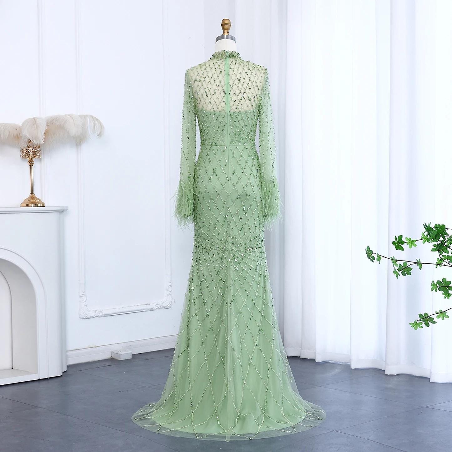 Elysara Feathered Mermaid Gown - Beaded Couture Evening Dress