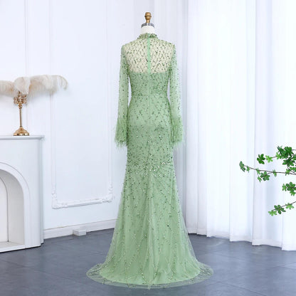 Elysara Feathered Mermaid Gown - Beaded Couture Evening Dress