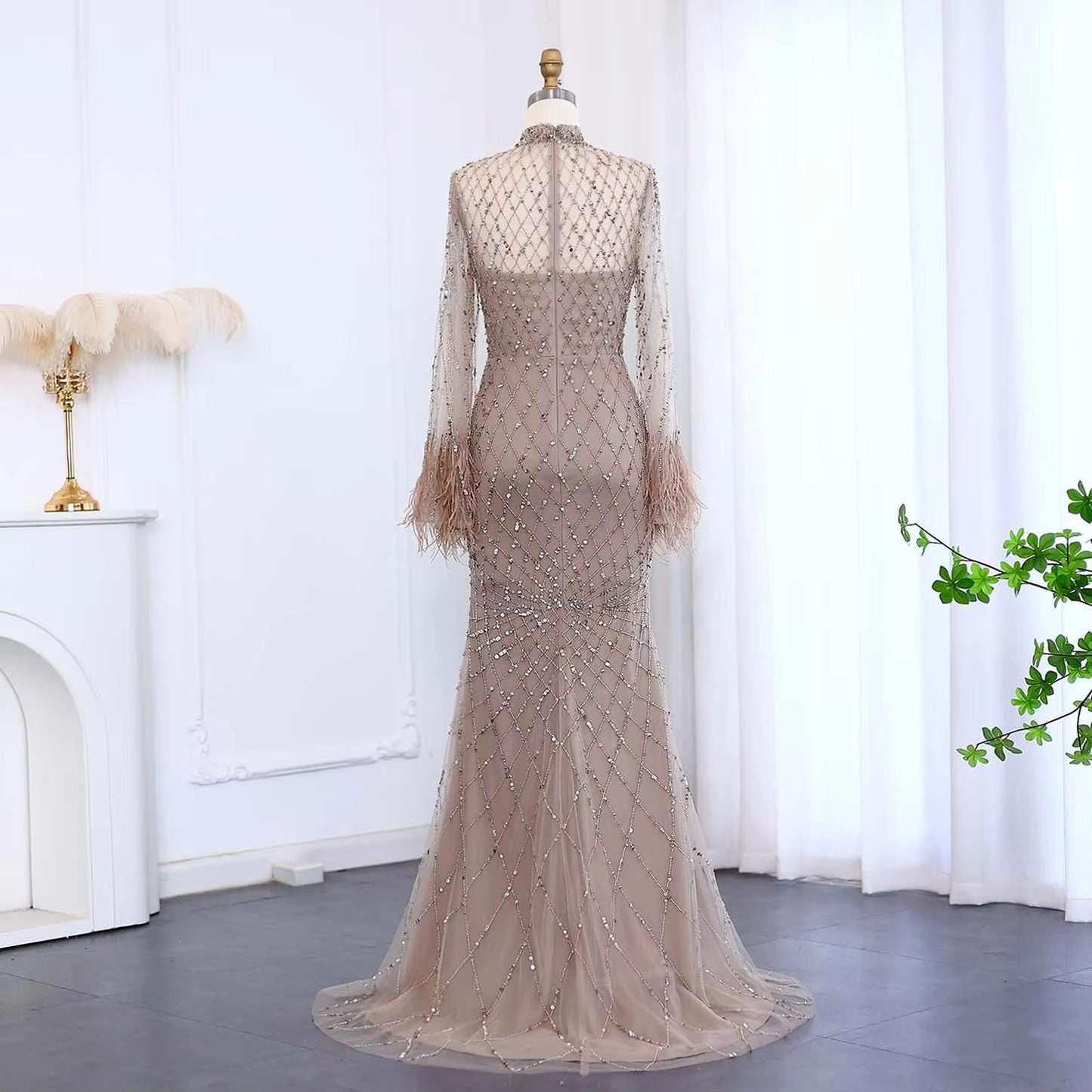 Elysara Feathered Mermaid Gown - Beaded Couture Evening Dress
