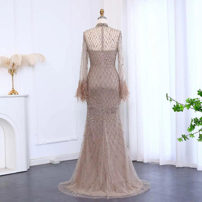 Elysara Feathered Mermaid Gown - Beaded Couture Evening Dress