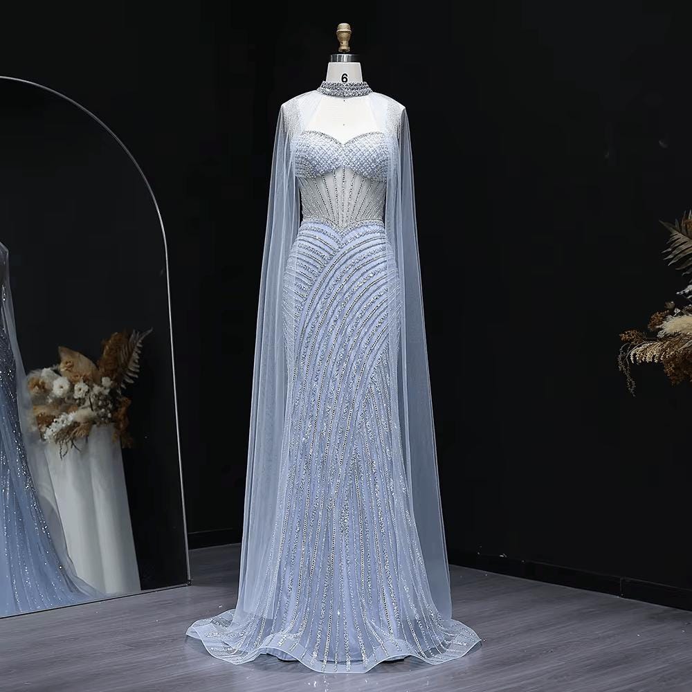 Glamorous Crystal Sheer Cape Dress - Mermaid Evening Gown