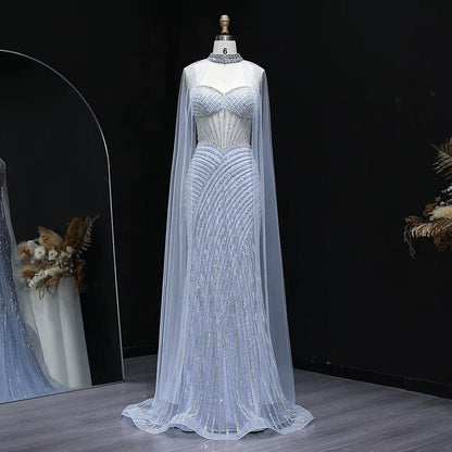 Glamorous Crystal Sheer Cape Dress - Mermaid Evening Gown