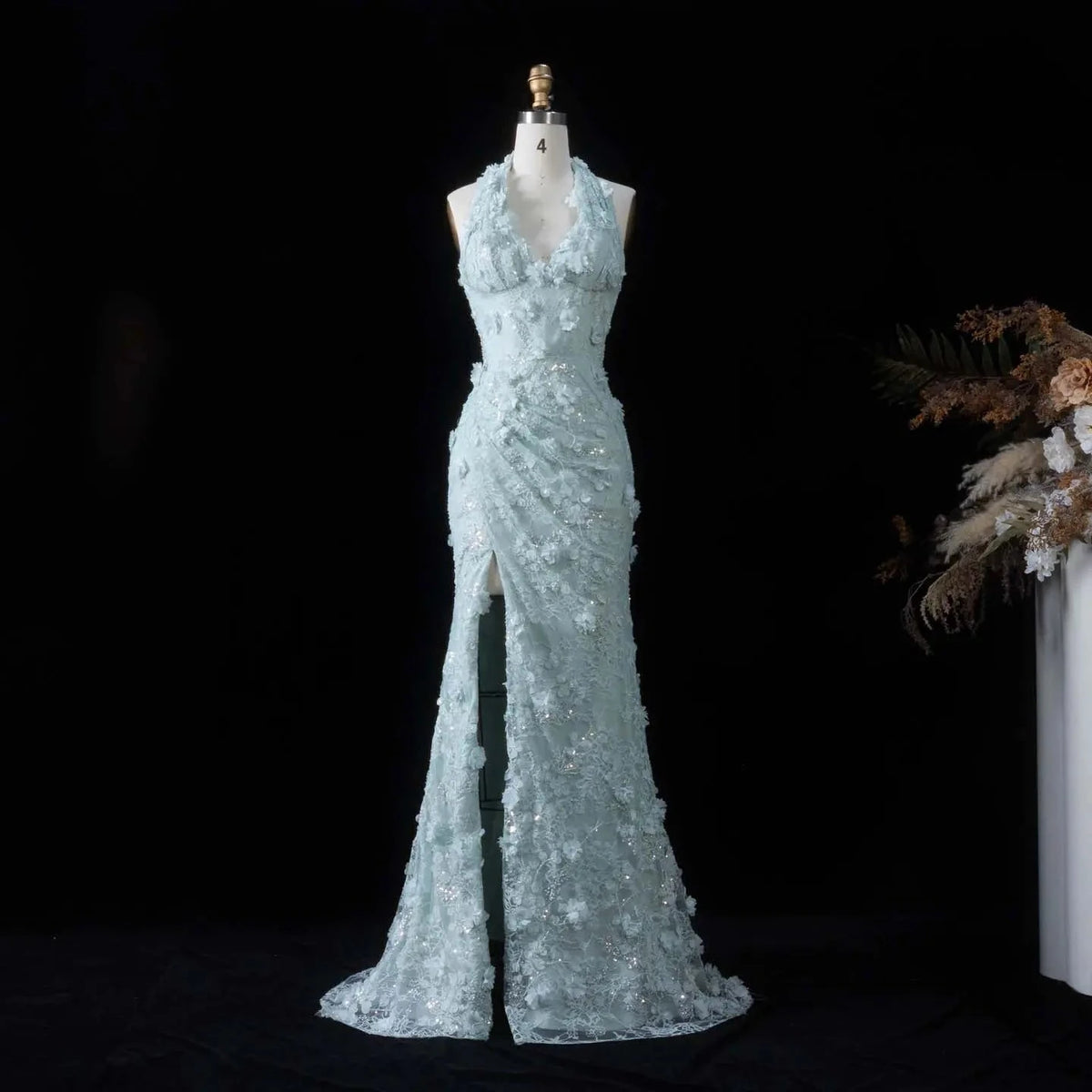 Lsz603 Elegant Evening Dress Halter Neck 3D Floral Lace Sequin Mermaid Gown Side Slit Party Wear Jancember