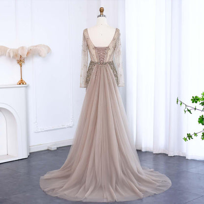 Alba Charm Evening Gown – Sheer Sleeves & Flowing Tail Party Dress