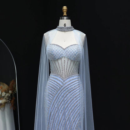Glamorous Crystal Sheer Cape Dress - Mermaid Evening Gown