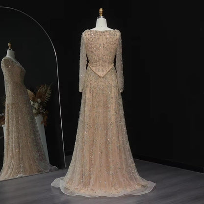 Celeste Bloom Arabic Evening Dress – Beaded A-Line Gown for Special Events