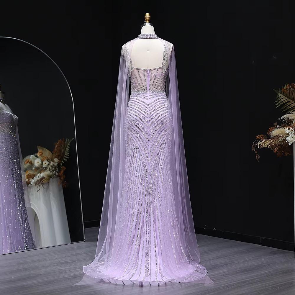 Glamorous Crystal Sheer Cape Dress - Mermaid Evening Gown