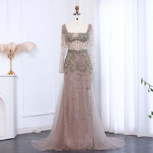 Alba Charm Evening Gown – Sheer Sleeves & Flowing Tail Party Dress