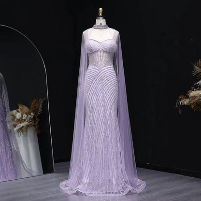 Glamorous Crystal Sheer Cape Dress - Mermaid Evening Gown