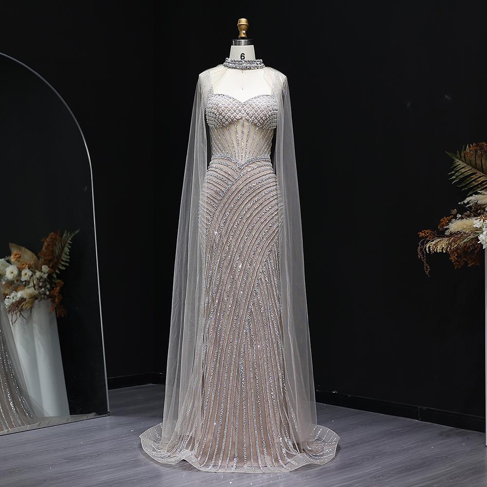 Glamorous Crystal Sheer Cape Dress - Mermaid Evening Gown