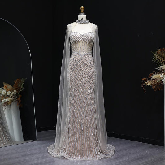 Glamorous Crystal Sheer Cape Dress - Mermaid Evening Gown